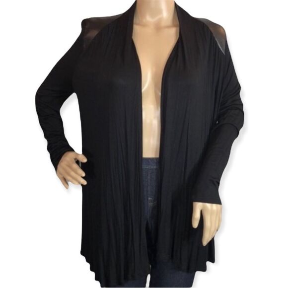 Ginger G Asymmetrical Black Open Front Cardigan Faux Leather Trim Medium - Picture 1 of 10